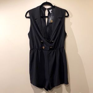 ASOS black short romper with gold buttons